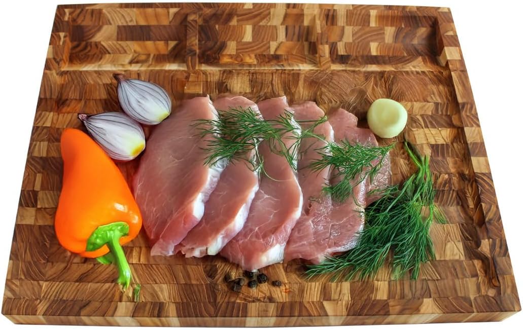 Teak End Grain Cutting Board 17"x18", FSC Teakwood Butcher Block with Juice Groove, Waste Chute & Handles, Solid Wood Cutting Board for Kitchen, Carving & Stove-Top Prep