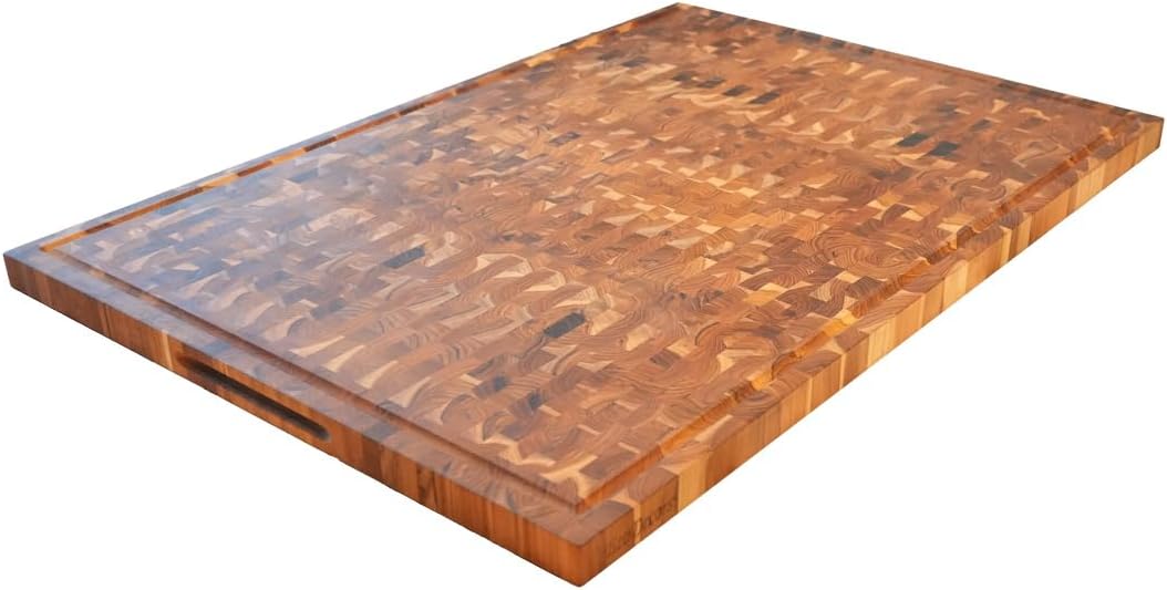 Teak End Grain Cutting Board 17"x18", FSC Teakwood Butcher Block with Juice Groove, Waste Chute & Handles, Solid Wood Cutting Board for Kitchen, Carving & Stove-Top Prep