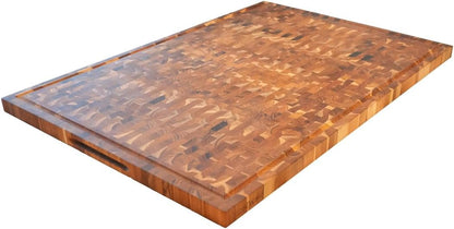 Teak End Grain Cutting Board 17"x18", FSC Teakwood Butcher Block with Juice Groove, Waste Chute & Handles, Solid Wood Cutting Board for Kitchen, Carving & Stove-Top Prep