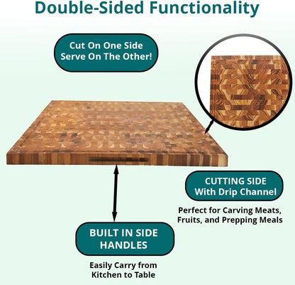 Teak End Grain Cutting Board 17"x18", FSC Teakwood Butcher Block with Juice Groove, Waste Chute & Handles, Solid Wood Cutting Board for Kitchen, Carving & Stove-Top Prep