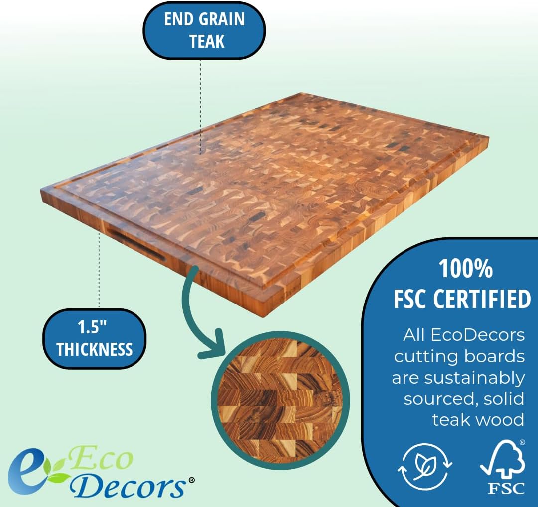 Teak End Grain Cutting Board 17"x18", FSC Teakwood Butcher Block with Juice Groove, Waste Chute & Handles, Solid Wood Cutting Board for Kitchen, Carving & Stove-Top Prep