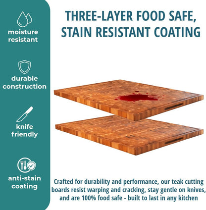 Teak End Grain Cutting Board 17"x18", FSC Teakwood Butcher Block with Juice Groove, Waste Chute & Handles, Solid Wood Cutting Board for Kitchen, Carving & Stove-Top Prep