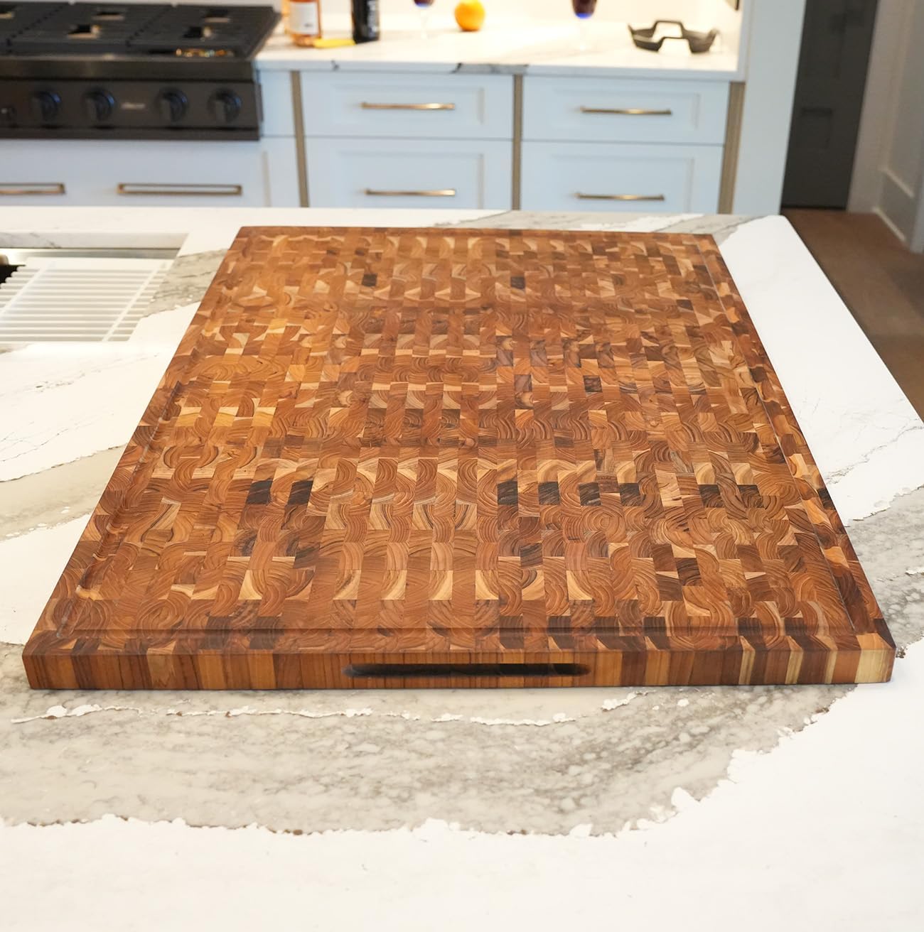 Teak End Grain Cutting Board 17"x18", FSC Teakwood Butcher Block with Juice Groove, Waste Chute & Handles, Solid Wood Cutting Board for Kitchen, Carving & Stove-Top Prep