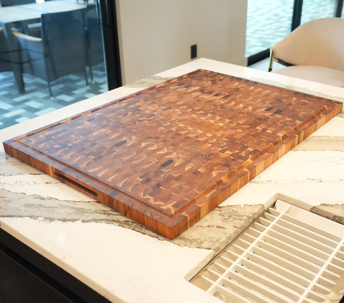 Teak End Grain Cutting Board 17"x18", FSC Teakwood Butcher Block with Juice Groove, Waste Chute & Handles, Solid Wood Cutting Board for Kitchen, Carving & Stove-Top Prep
