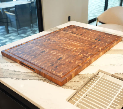 Teak End Grain Cutting Board 17"x18", FSC Teakwood Butcher Block with Juice Groove, Waste Chute & Handles, Solid Wood Cutting Board for Kitchen, Carving & Stove-Top Prep