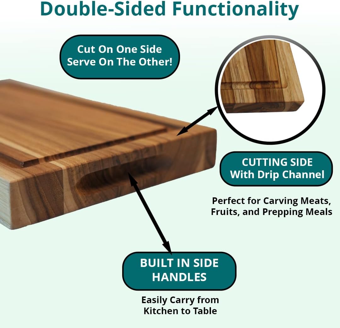 Teak End Grain Cutting Board 17"x18", FSC Teakwood Butcher Block with Juice Groove, Waste Chute & Handles, Solid Wood Cutting Board for Kitchen, Carving & Stove-Top Prep