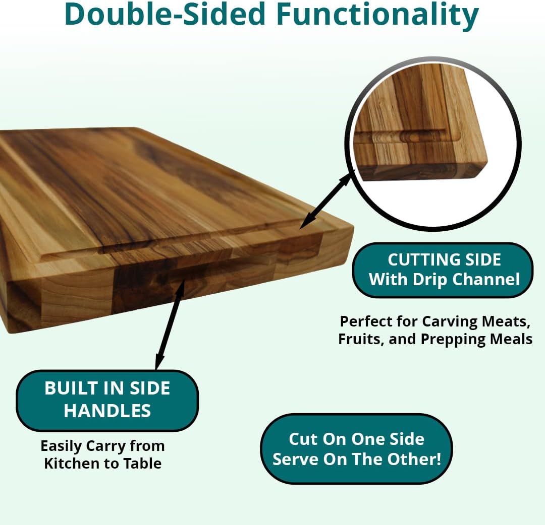 Teak End Grain Cutting Board 17"x18", FSC Teakwood Butcher Block with Juice Groove, Waste Chute & Handles, Solid Wood Cutting Board for Kitchen, Carving & Stove-Top Prep