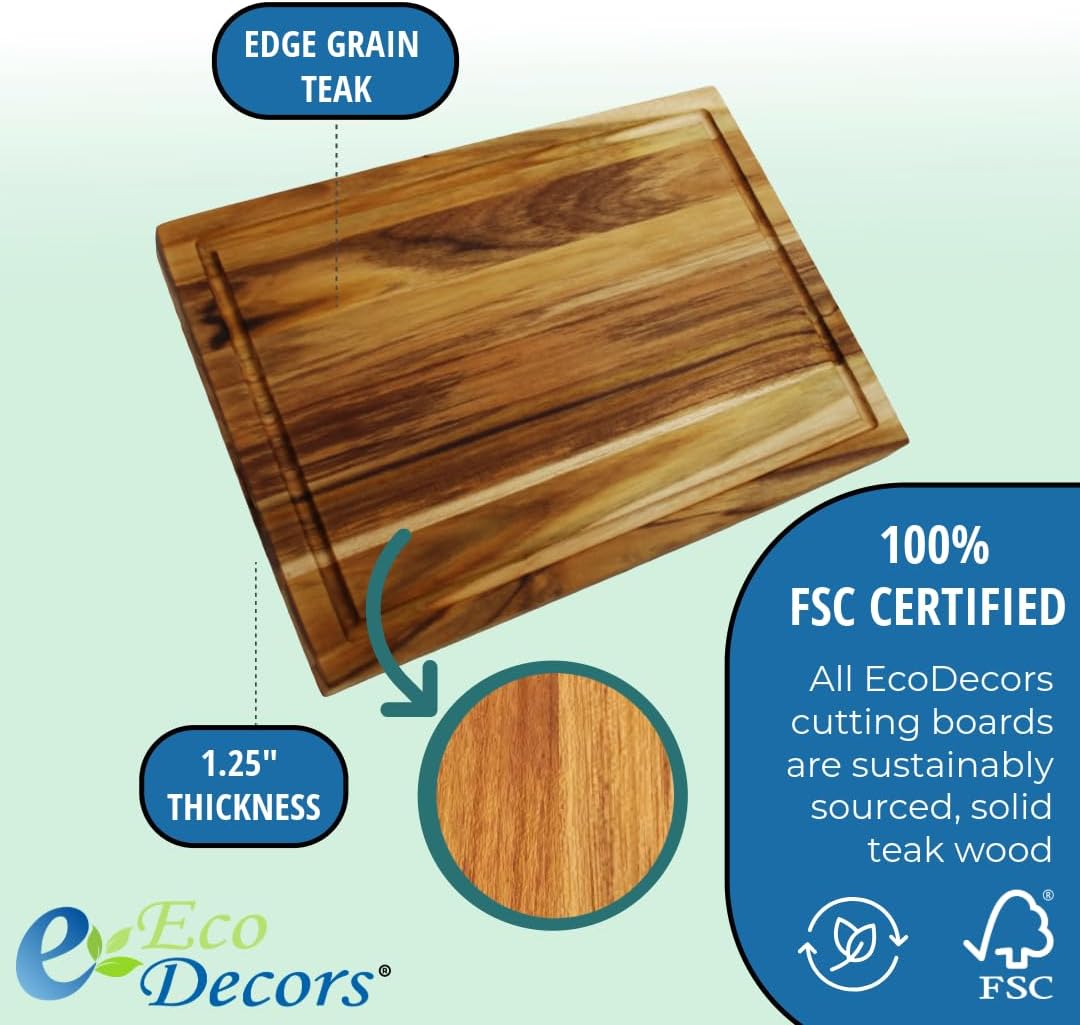 Teak End Grain Cutting Board 17"x18", FSC Teakwood Butcher Block with Juice Groove, Waste Chute & Handles, Solid Wood Cutting Board for Kitchen, Carving & Stove-Top Prep