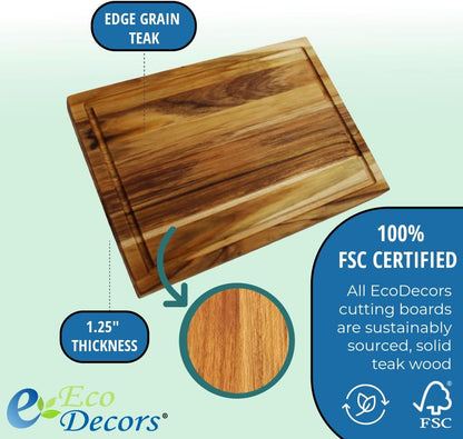 Teak End Grain Cutting Board 17"x18", FSC Teakwood Butcher Block with Juice Groove, Waste Chute & Handles, Solid Wood Cutting Board for Kitchen, Carving & Stove-Top Prep