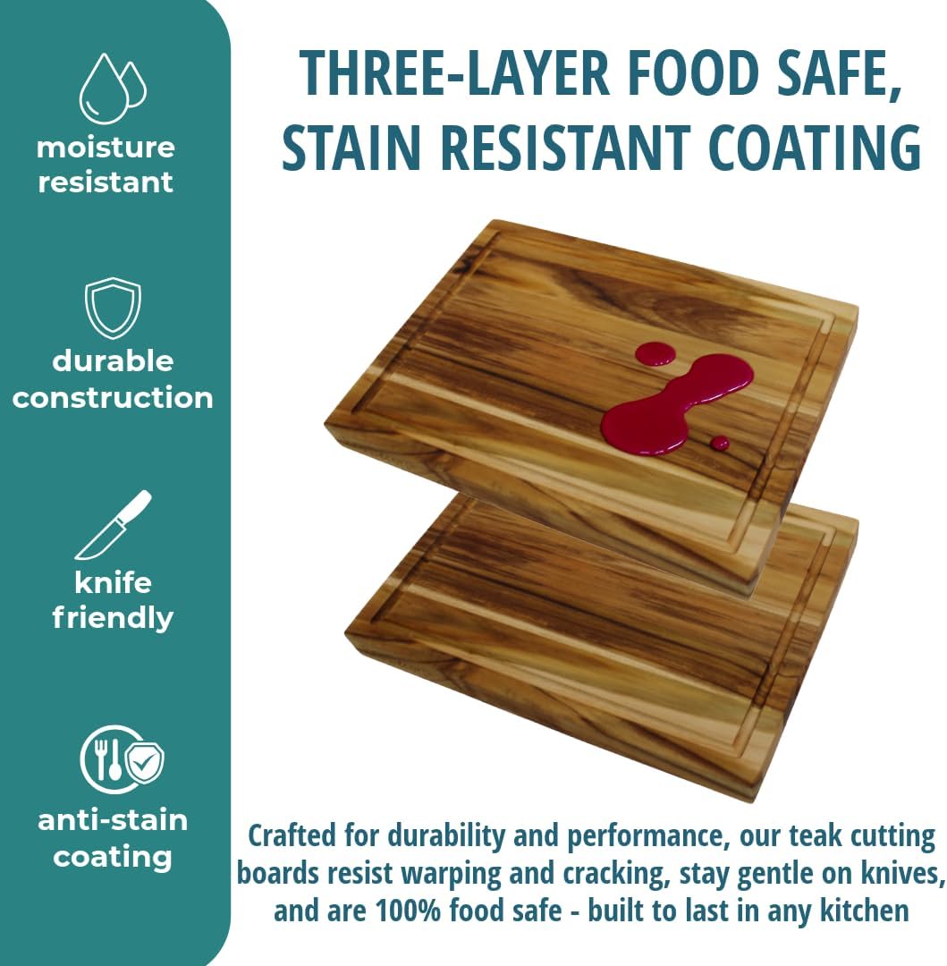 Teak End Grain Cutting Board 17"x18", FSC Teakwood Butcher Block with Juice Groove, Waste Chute & Handles, Solid Wood Cutting Board for Kitchen, Carving & Stove-Top Prep