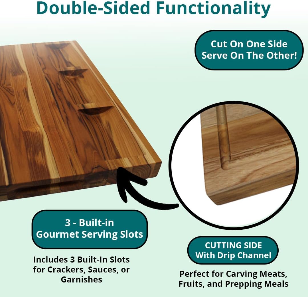 Teak End Grain Cutting Board 17"x18", FSC Teakwood Butcher Block with Juice Groove, Waste Chute & Handles, Solid Wood Cutting Board for Kitchen, Carving & Stove-Top Prep
