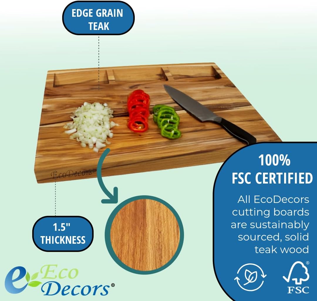 Teak End Grain Cutting Board 17"x18", FSC Teakwood Butcher Block with Juice Groove, Waste Chute & Handles, Solid Wood Cutting Board for Kitchen, Carving & Stove-Top Prep