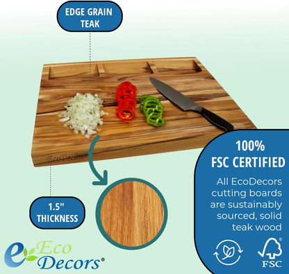 Teak End Grain Cutting Board 17"x18", FSC Teakwood Butcher Block with Juice Groove, Waste Chute & Handles, Solid Wood Cutting Board for Kitchen, Carving & Stove-Top Prep