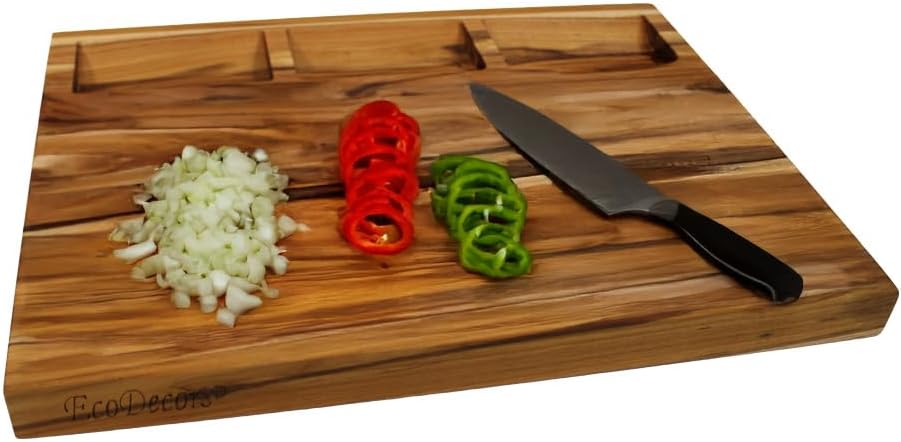 Teak End Grain Cutting Board 17"x18", FSC Teakwood Butcher Block with Juice Groove, Waste Chute & Handles, Solid Wood Cutting Board for Kitchen, Carving & Stove-Top Prep