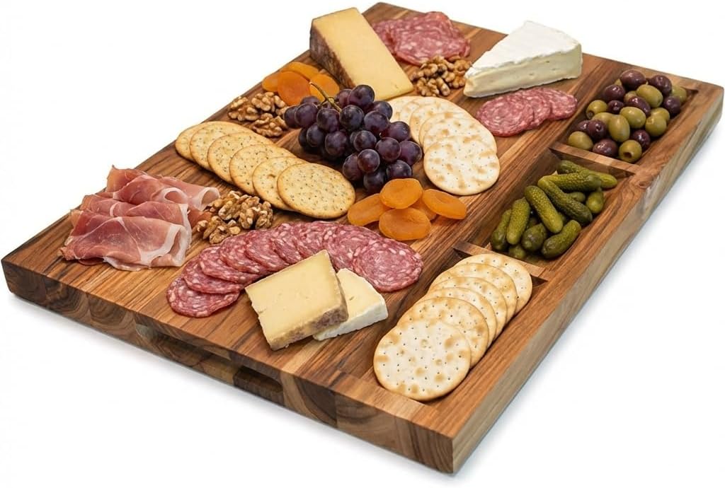 Teak End Grain Cutting Board 17"x18", FSC Teakwood Butcher Block with Juice Groove, Waste Chute & Handles, Solid Wood Cutting Board for Kitchen, Carving & Stove-Top Prep