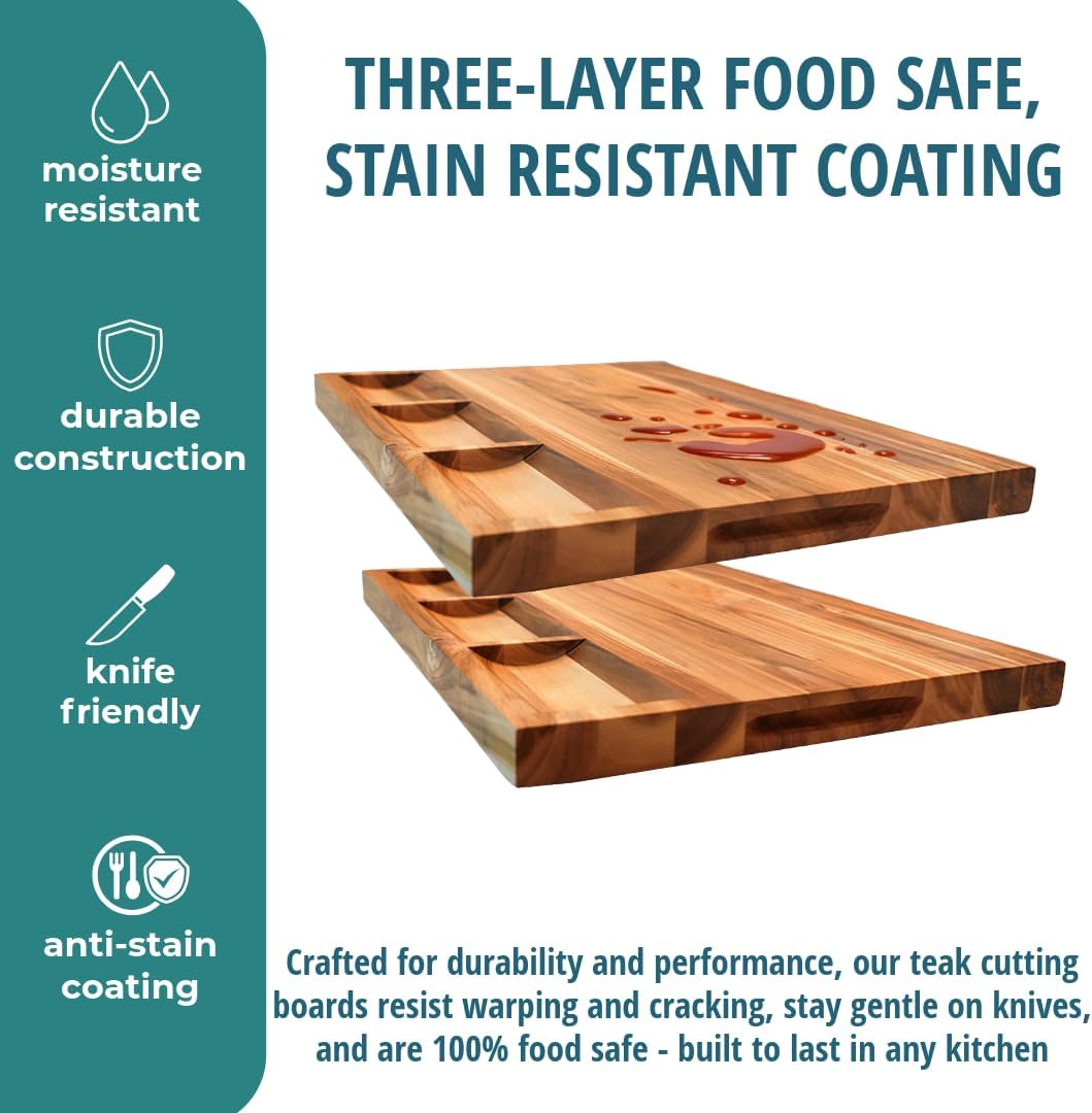 Teak End Grain Cutting Board 17"x18", FSC Teakwood Butcher Block with Juice Groove, Waste Chute & Handles, Solid Wood Cutting Board for Kitchen, Carving & Stove-Top Prep