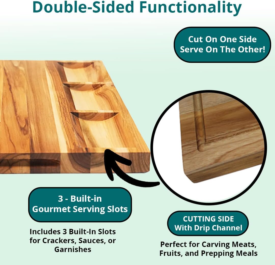 Teak End Grain Cutting Board 17"x18", FSC Teakwood Butcher Block with Juice Groove, Waste Chute & Handles, Solid Wood Cutting Board for Kitchen, Carving & Stove-Top Prep
