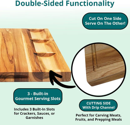 Teak End Grain Cutting Board 17"x18", FSC Teakwood Butcher Block with Juice Groove, Waste Chute & Handles, Solid Wood Cutting Board for Kitchen, Carving & Stove-Top Prep