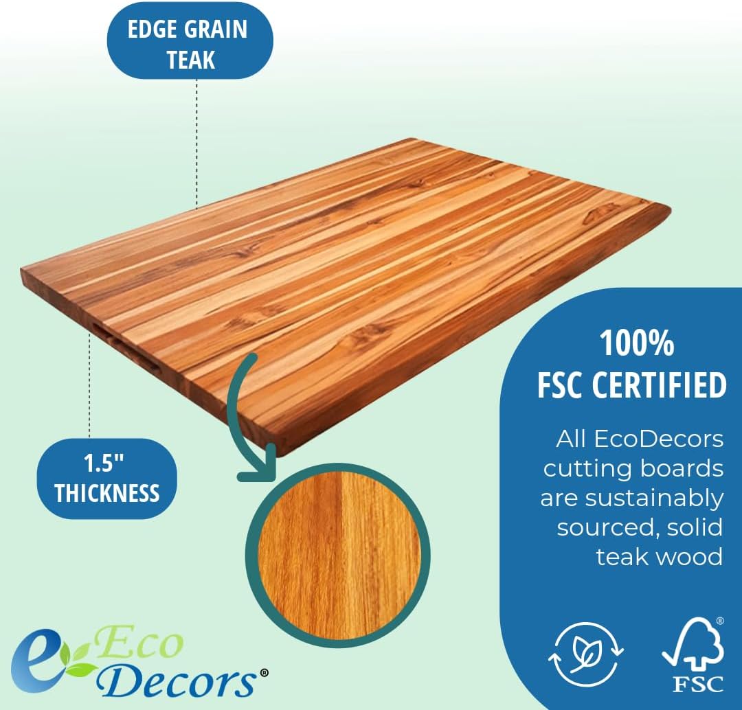 Teak End Grain Cutting Board 17"x18", FSC Teakwood Butcher Block with Juice Groove, Waste Chute & Handles, Solid Wood Cutting Board for Kitchen, Carving & Stove-Top Prep