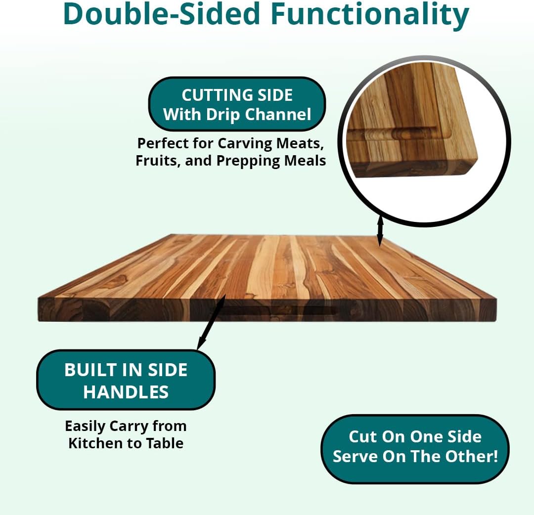 Teak End Grain Cutting Board 17"x18", FSC Teakwood Butcher Block with Juice Groove, Waste Chute & Handles, Solid Wood Cutting Board for Kitchen, Carving & Stove-Top Prep