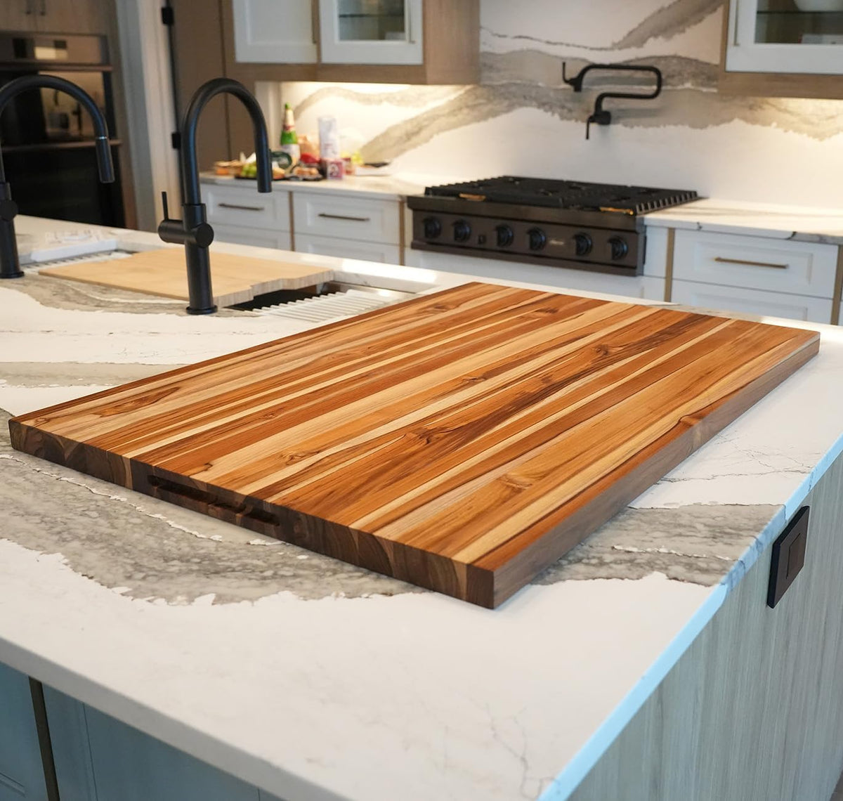 Teak End Grain Cutting Board 17"x18", FSC Teakwood Butcher Block with Juice Groove, Waste Chute & Handles, Solid Wood Cutting Board for Kitchen, Carving & Stove-Top Prep