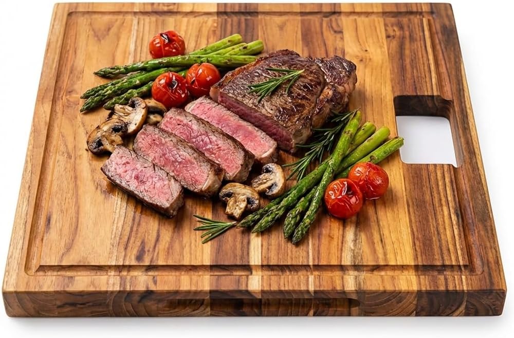 Teak End Grain Cutting Board 17"x18", FSC Teakwood Butcher Block with Juice Groove, Waste Chute & Handles, Solid Wood Cutting Board for Kitchen, Carving & Stove-Top Prep
