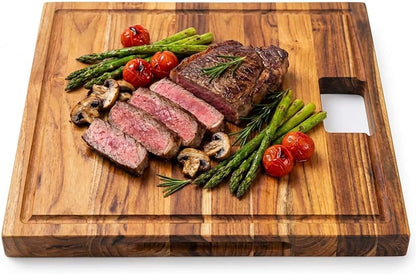 Teak End Grain Cutting Board 17"x18", FSC Teakwood Butcher Block with Juice Groove, Waste Chute & Handles, Solid Wood Cutting Board for Kitchen, Carving & Stove-Top Prep