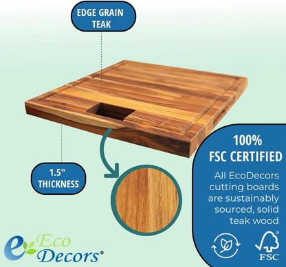 Teak End Grain Cutting Board 17"x18", FSC Teakwood Butcher Block with Juice Groove, Waste Chute & Handles, Solid Wood Cutting Board for Kitchen, Carving & Stove-Top Prep