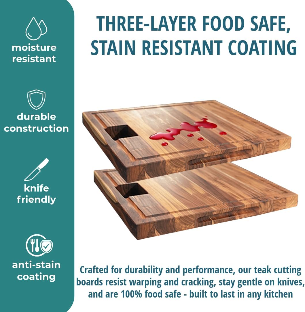 Teak End Grain Cutting Board 17"x18", FSC Teakwood Butcher Block with Juice Groove, Waste Chute & Handles, Solid Wood Cutting Board for Kitchen, Carving & Stove-Top Prep