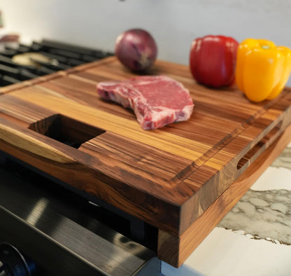 Teak End Grain Cutting Board 17"x18", FSC Teakwood Butcher Block with Juice Groove, Waste Chute & Handles, Solid Wood Cutting Board for Kitchen, Carving & Stove-Top Prep