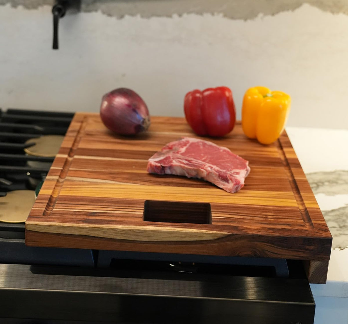 Teak End Grain Cutting Board 17"x18", FSC Teakwood Butcher Block with Juice Groove, Waste Chute & Handles, Solid Wood Cutting Board for Kitchen, Carving & Stove-Top Prep