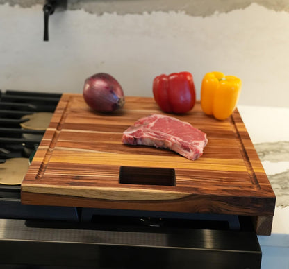 Teak End Grain Cutting Board 17"x18", FSC Teakwood Butcher Block with Juice Groove, Waste Chute & Handles, Solid Wood Cutting Board for Kitchen, Carving & Stove-Top Prep