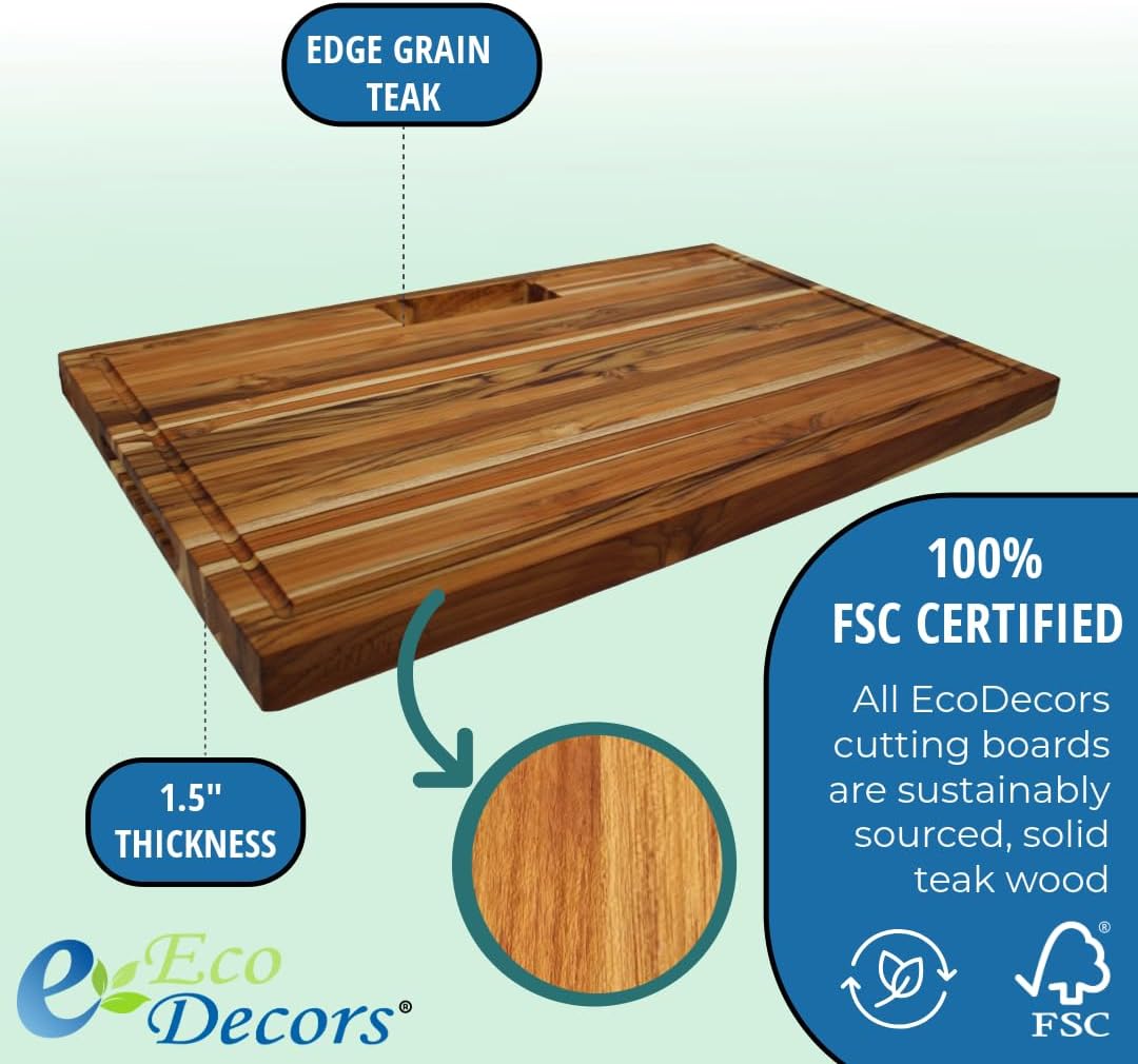 Teak End Grain Cutting Board 17"x18", FSC Teakwood Butcher Block with Juice Groove, Waste Chute & Handles, Solid Wood Cutting Board for Kitchen, Carving & Stove-Top Prep