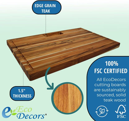 Teak End Grain Cutting Board 17"x18", FSC Teakwood Butcher Block with Juice Groove, Waste Chute & Handles, Solid Wood Cutting Board for Kitchen, Carving & Stove-Top Prep