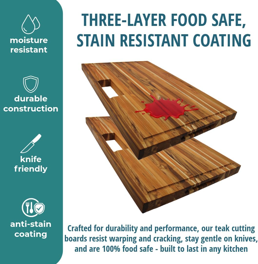 Teak End Grain Cutting Board 17"x18", FSC Teakwood Butcher Block with Juice Groove, Waste Chute & Handles, Solid Wood Cutting Board for Kitchen, Carving & Stove-Top Prep