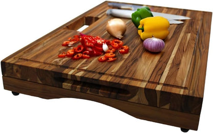 Teak End Grain Cutting Board 17"x18", FSC Teakwood Butcher Block with Juice Groove, Waste Chute & Handles, Solid Wood Cutting Board for Kitchen, Carving & Stove-Top Prep