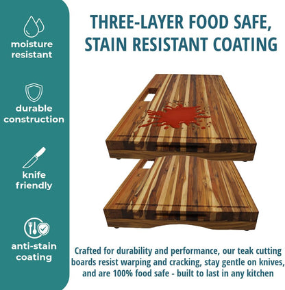 Teak End Grain Cutting Board 17"x18", FSC Teakwood Butcher Block with Juice Groove, Waste Chute & Handles, Solid Wood Cutting Board for Kitchen, Carving & Stove-Top Prep