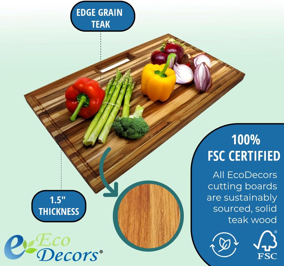 Teak End Grain Cutting Board 17"x18", FSC Teakwood Butcher Block with Juice Groove, Waste Chute & Handles, Solid Wood Cutting Board for Kitchen, Carving & Stove-Top Prep