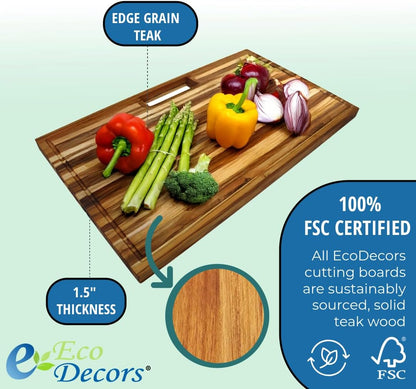 Teak End Grain Cutting Board 17"x18", FSC Teakwood Butcher Block with Juice Groove, Waste Chute & Handles, Solid Wood Cutting Board for Kitchen, Carving & Stove-Top Prep