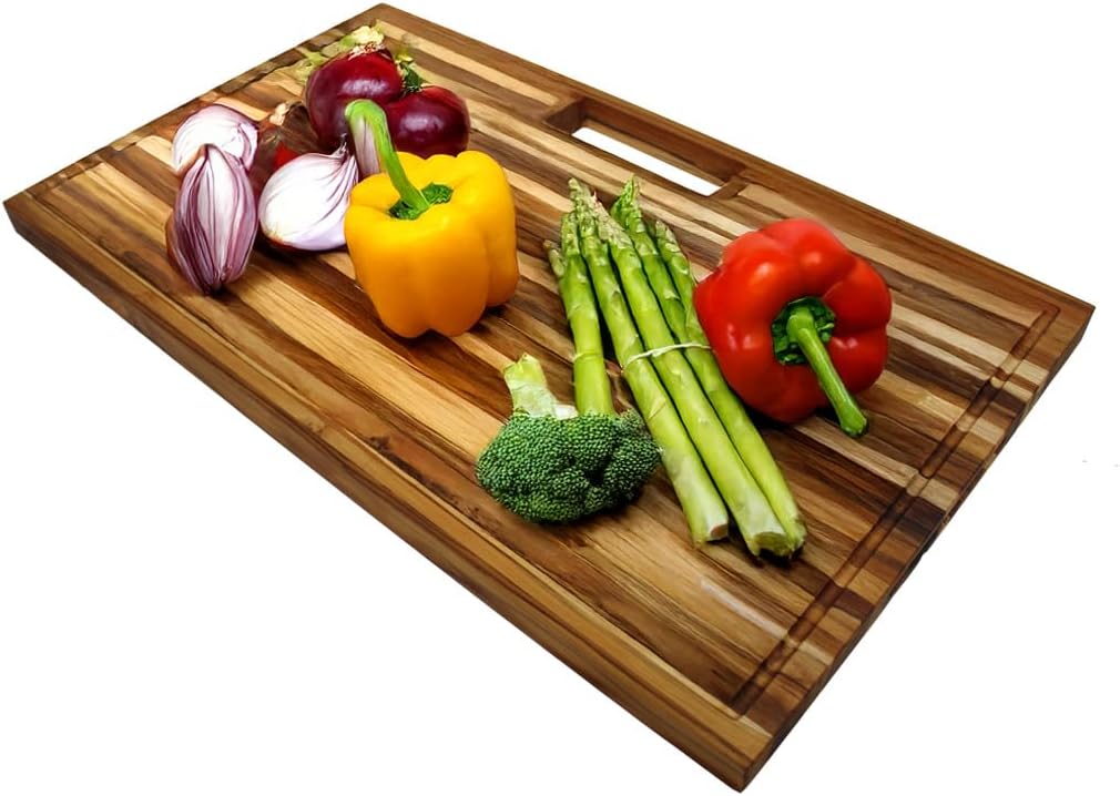 Teak End Grain Cutting Board 17"x18", FSC Teakwood Butcher Block with Juice Groove, Waste Chute & Handles, Solid Wood Cutting Board for Kitchen, Carving & Stove-Top Prep