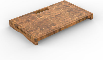 Teak End Grain Cutting Board 17"x18", FSC Teakwood Butcher Block with Juice Groove, Waste Chute & Handles, Solid Wood Cutting Board for Kitchen, Carving & Stove-Top Prep