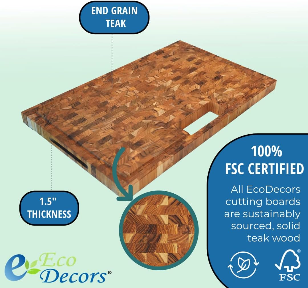 Teak End Grain Cutting Board 17"x18", FSC Teakwood Butcher Block with Juice Groove, Waste Chute & Handles, Solid Wood Cutting Board for Kitchen, Carving & Stove-Top Prep