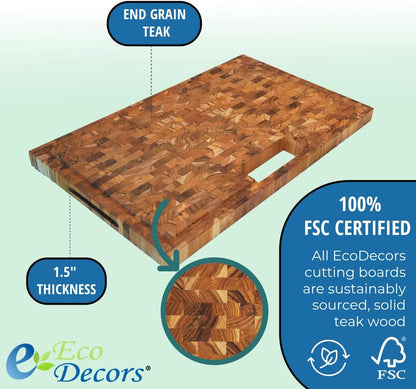 Teak End Grain Cutting Board 17"x18", FSC Teakwood Butcher Block with Juice Groove, Waste Chute & Handles, Solid Wood Cutting Board for Kitchen, Carving & Stove-Top Prep