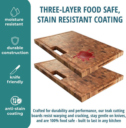 Teak End Grain Cutting Board 17"x18", FSC Teakwood Butcher Block with Juice Groove, Waste Chute & Handles, Solid Wood Cutting Board for Kitchen, Carving & Stove-Top Prep