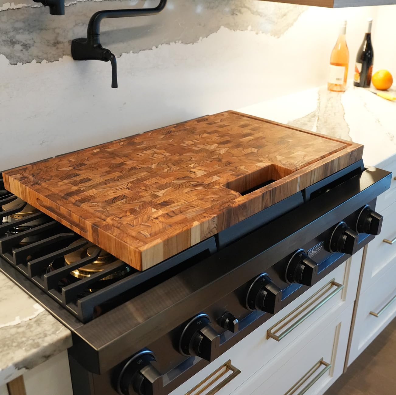 Teak End Grain Cutting Board 17"x18", FSC Teakwood Butcher Block with Juice Groove, Waste Chute & Handles, Solid Wood Cutting Board for Kitchen, Carving & Stove-Top Prep
