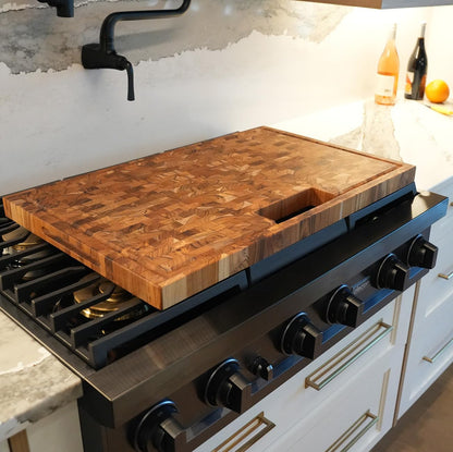 Teak End Grain Cutting Board 17"x18", FSC Teakwood Butcher Block with Juice Groove, Waste Chute & Handles, Solid Wood Cutting Board for Kitchen, Carving & Stove-Top Prep