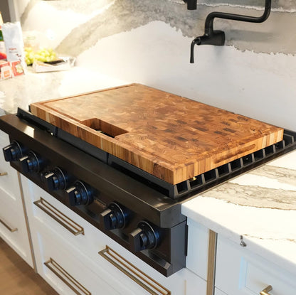 Teak End Grain Cutting Board 17"x18", FSC Teakwood Butcher Block with Juice Groove, Waste Chute & Handles, Solid Wood Cutting Board for Kitchen, Carving & Stove-Top Prep