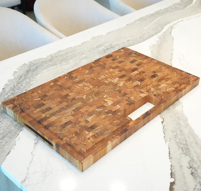 Teak End Grain Cutting Board 17"x18", FSC Teakwood Butcher Block with Juice Groove, Waste Chute & Handles, Solid Wood Cutting Board for Kitchen, Carving & Stove-Top Prep
