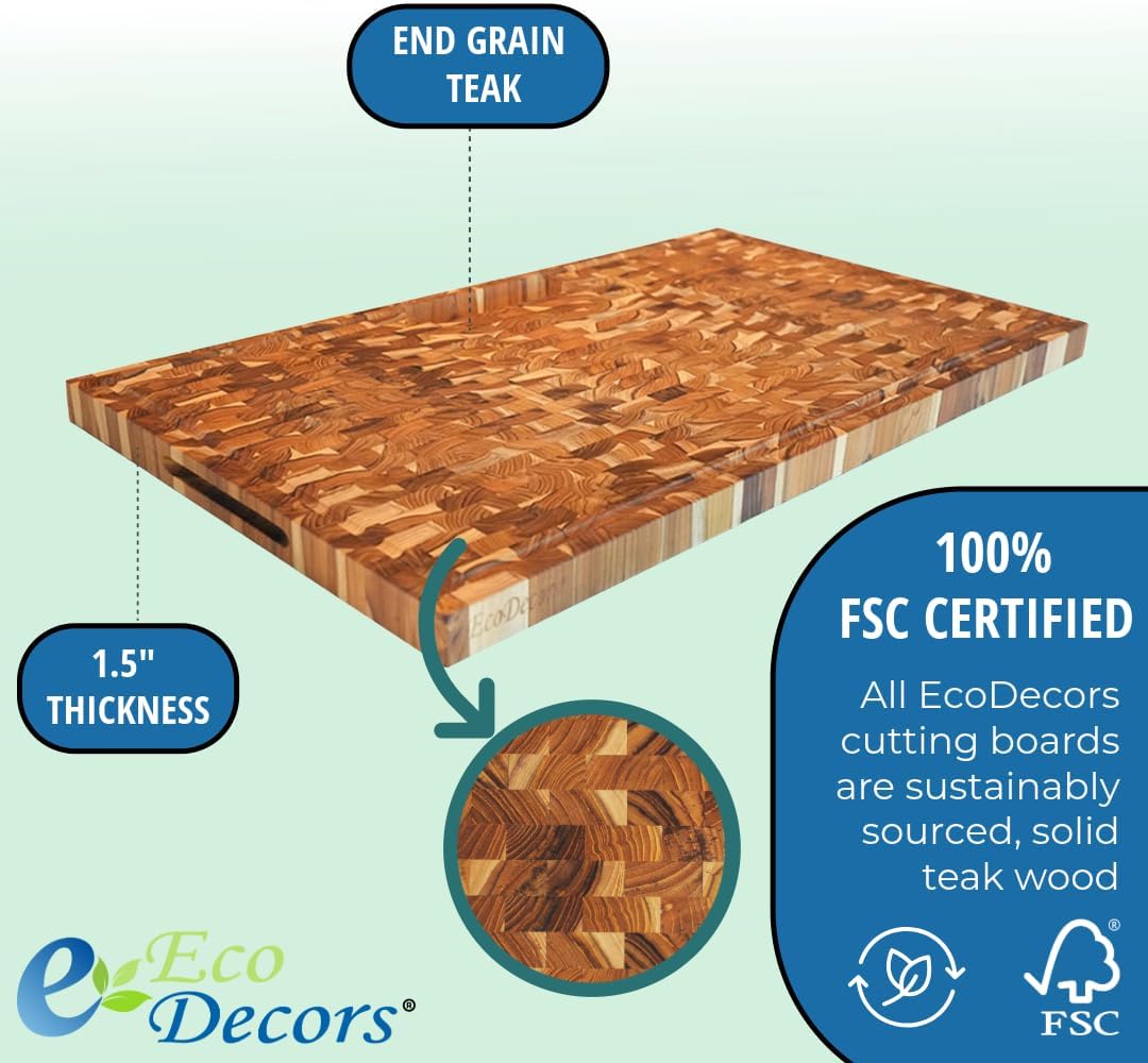 Teak End Grain Cutting Board 17"x18", FSC Teakwood Butcher Block with Juice Groove, Waste Chute & Handles, Solid Wood Cutting Board for Kitchen, Carving & Stove-Top Prep