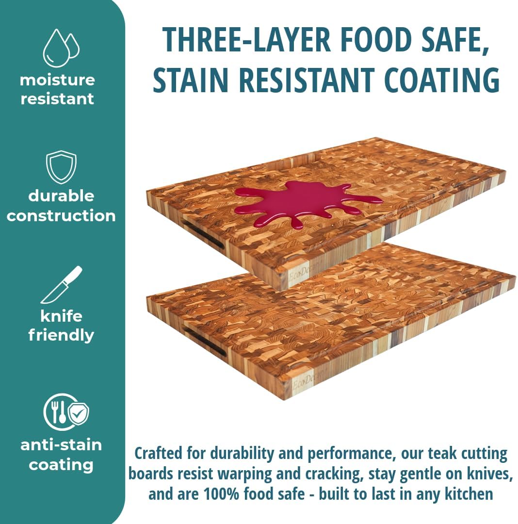 Teak End Grain Cutting Board 17"x18", FSC Teakwood Butcher Block with Juice Groove, Waste Chute & Handles, Solid Wood Cutting Board for Kitchen, Carving & Stove-Top Prep